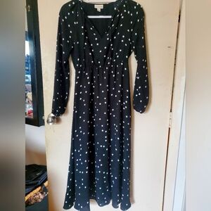 Polka dot midi black dress with waist